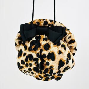 Y2K Carol Lahm Sloane Runched Leopard Satin Ruffle Evening Bag Purse + Black Bow